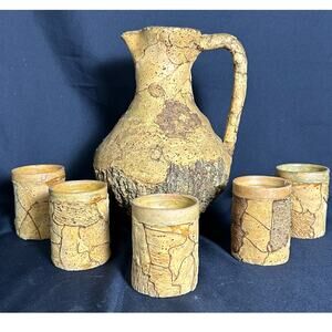 Italian Vintage Cork Bark Covered Pottery Pitcher w/5 Matching Cups-Very Rare!
